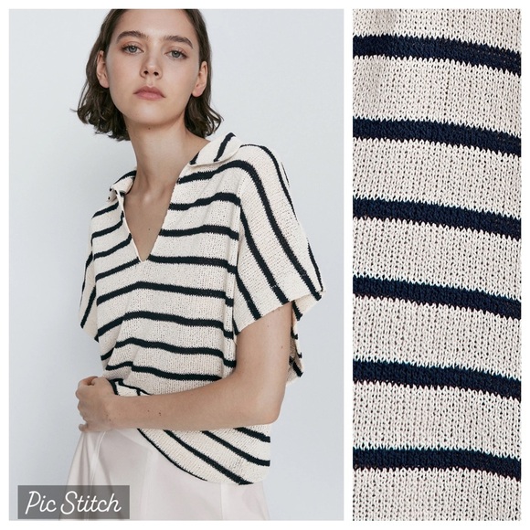 NWT. Massimo Dutti Cream Striped Textured Polo Shirt. Size S. - Picture 1 of 7